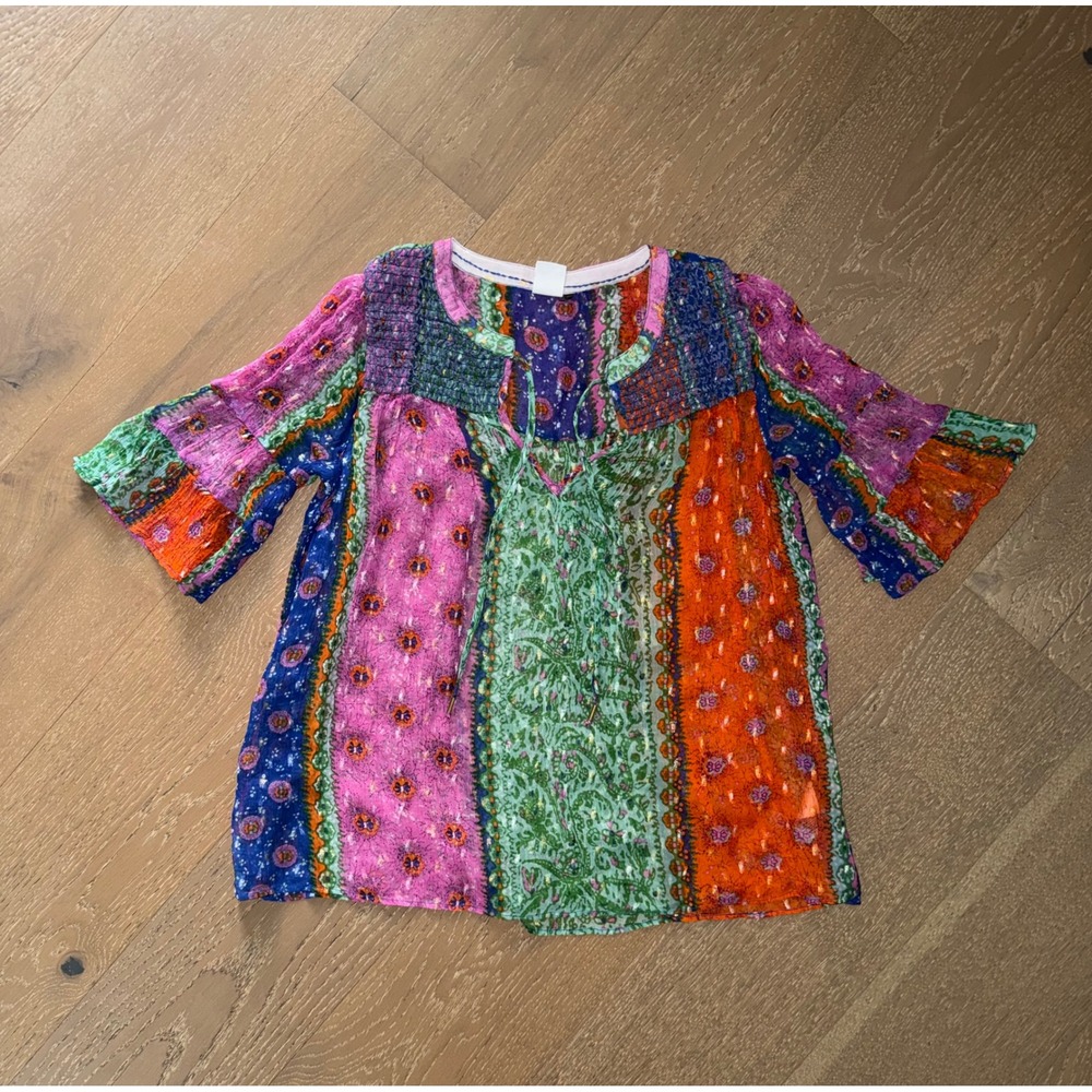 Akemi + Kin Anthropologie Boho Patchwork Paisley Metallic Tie‎ Neck Blouse S
